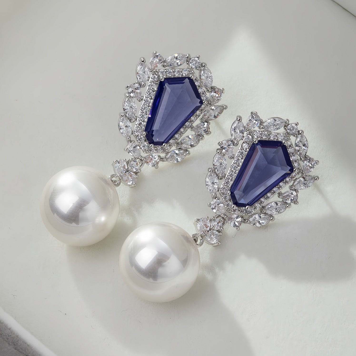 Geometric Hexagonal Blue-Purple Pearl Earrings with Luxurious Zircon Inlay