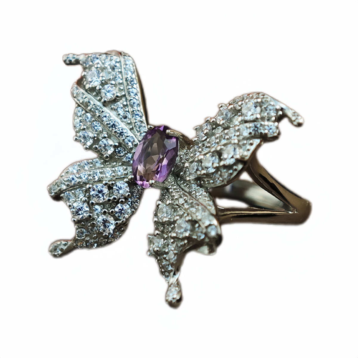 Butterfly Full Diamond Purple Amethyst Adjustable Ring Set in S925 Silver