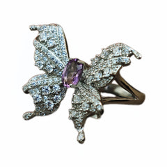 Butterfly Full Diamond Purple Amethyst Adjustable Ring Set in S925 Silver