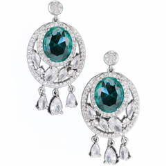 Elegant earrings for high-end evening gowns, featuring dazzling cubic zirconia with teardrop-shaped tassels and a geometric oval design