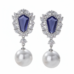 Geometric Hexagonal Blue-Purple Pearl Earrings with Luxurious Zircon Inlay