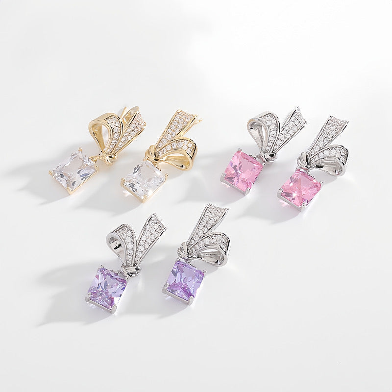 Lightweight luxury high-end earrings wholesale with niche design, fashionable and versatile, featuring dazzling ultra-sparkling square zirconia and bowknot earrings